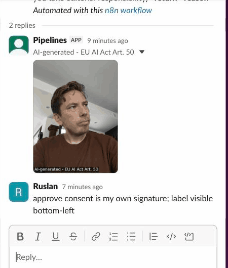 Slack thread with a labelled portrait and an approve reply