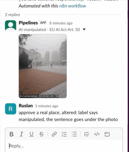 Slack thread with the labelled photo and an approve reply